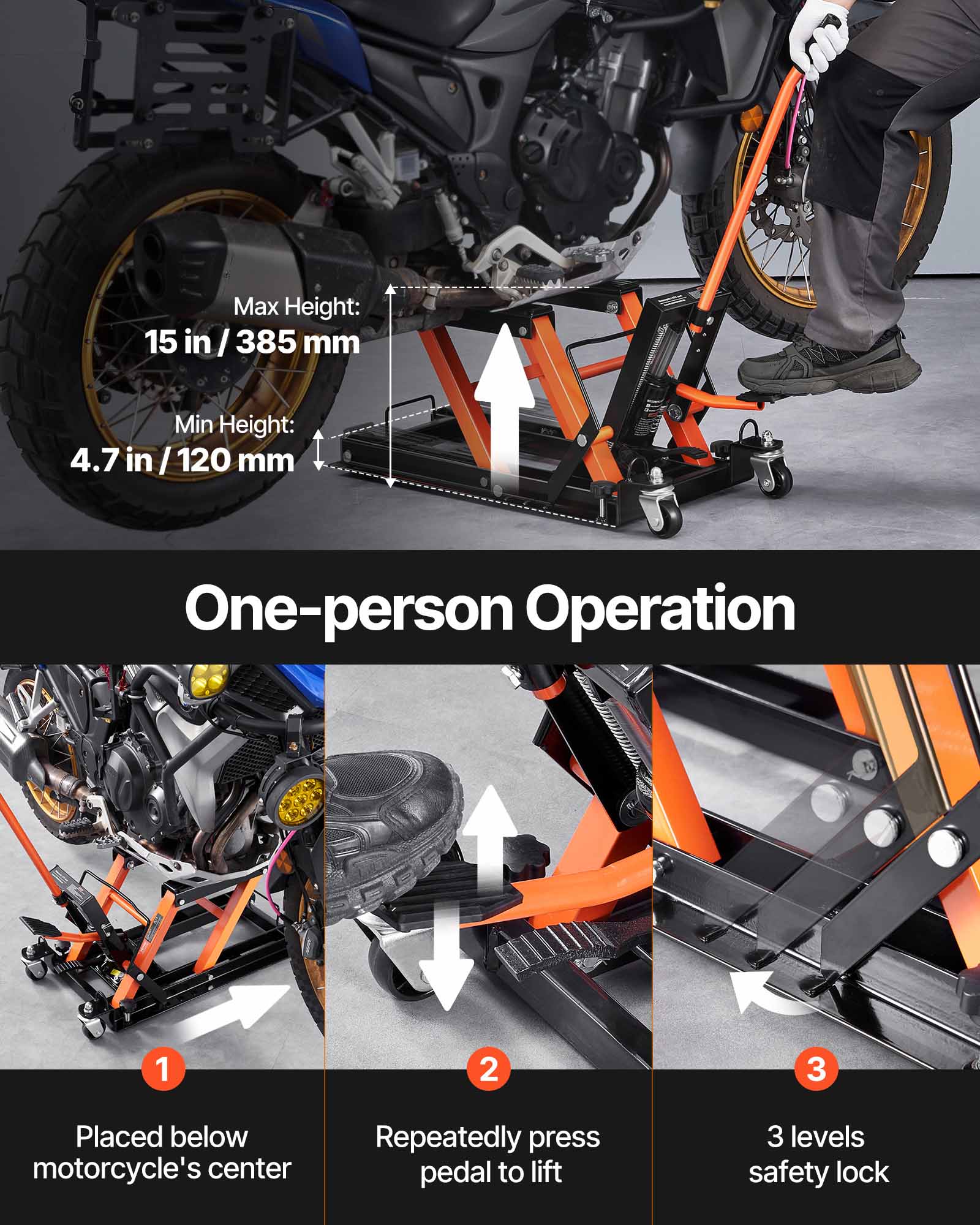 VEVOR 1500 LBS スチール製油圧式バイクジャック - Hydraulic Floor Jack のレビューと価格